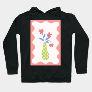 checkered lime green vase with pink flowers with squiggle frame Hoodie